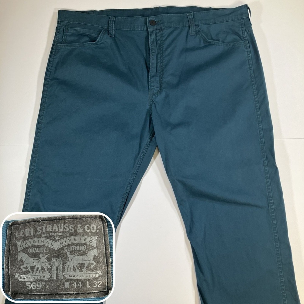 Levi's 569 Pants Mens 44x32 Teal Blue Loose Straight Stretch Twill